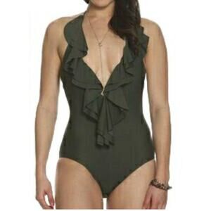 Sun & Sea Olive Green Halter  Deep V Ruffle Swimsuit Size 4 NWT